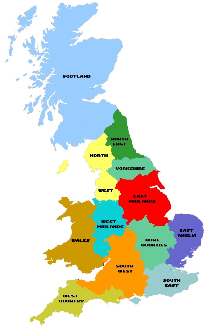 Mapa de regiones de Gran Bretaña