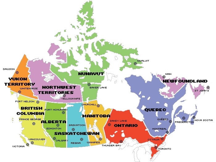 mapa de provincias y ciudades de Canadá