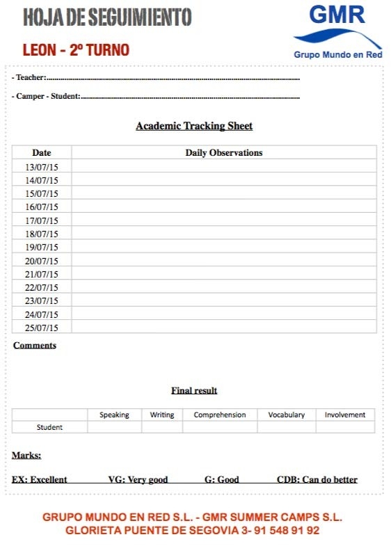 hoja de seguimiento del campamento